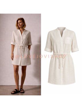Coastal | James Perse Linen Shirt Dress Tunic | Cream Drawstring Cover Up | 2